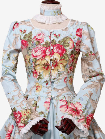 プリンセス 女性用 貴族ドレス 中世 ドレス ライトスカイブルー 長袖 ポリエステル 綿じゅす ダンスパーティー チョーカー ドレス ヴィンテージ 中世 ドレス・貴族ドレス ヨーロッパ　宮廷風 レトロコスチューム コスチューム コスチューム