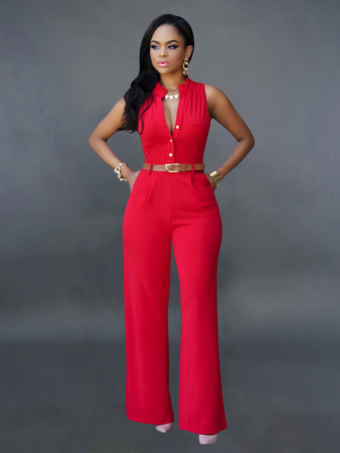 レッド レディースブラックジャンプスーツVネックノースリーブサッシュライクラスパンデックスストレートサマーワンピース衣装