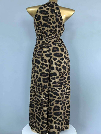 女性のボディスーツドレスコーヒーブラウンアニマルプリントノースリーブハイスリットシルクルーズサマーワンピース衣装のように