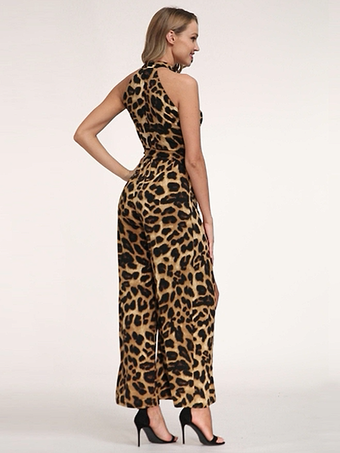 女性のボディスーツドレスコーヒーブラウンアニマルプリントノースリーブハイスリットシルクルーズサマーワンピース衣装のように