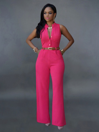 ローズレッドレディースブラックジャンプスーツVネックノースリーブサッシュライクラスパンデックスストレートサマーワンピース衣装