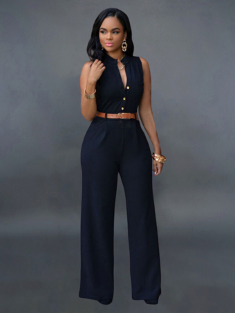 ブラック レディースブラックジャンプスーツVネックノースリーブサッシュライクラスパンデックスストレートサマーワンピース衣装