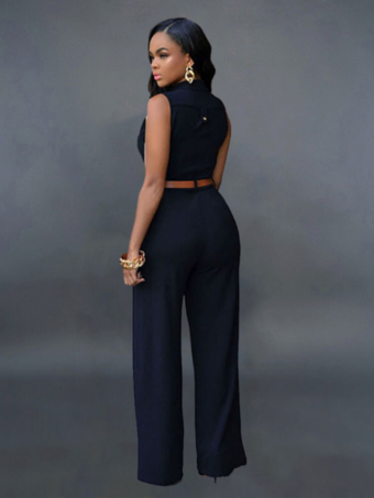 レディースブラックジャンプスーツVネックノースリーブサッシュライクラスパンデックスストレートサマーワンピース衣装