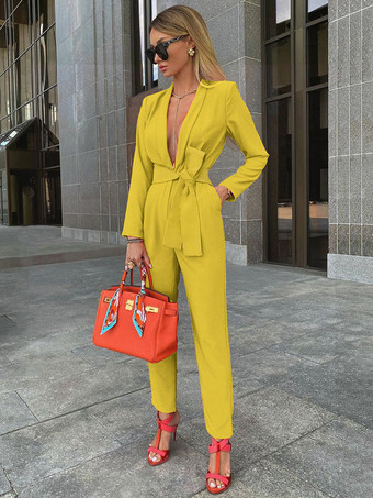 Red V-Neck Long Sleeves Pants Jumpsuits For Women