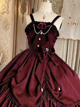 ワインレッド クラシックロリータJSKドレスインクグリーンフリルボウノースリーブポリエステルロリータジャンパースカート