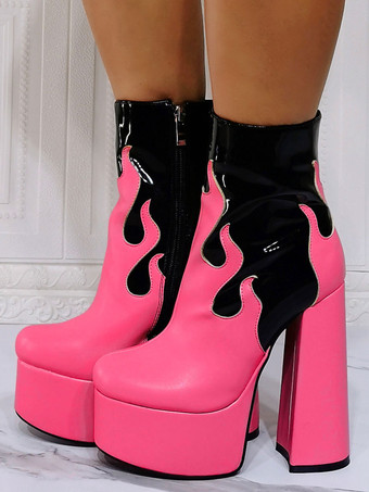 ローズレッドメンズセクシーブーツ フレイムツートン アンクルブーツ プラットフォーム チャンキーヒール