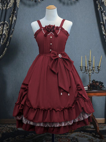 クラシックロリータJSKドレスインクグリーンフリルボウノースリーブポリエステルロリータジャンパースカート