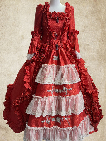 レッド ロココ調ビクトリア朝風ホワイトレトロチューダードレスコスチューム女性用ドレス バーガンディ