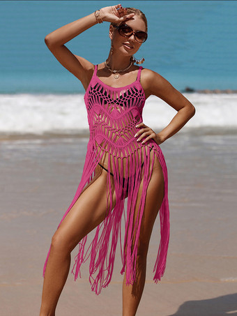 ローズレッド女性のためのカバーアップホワイトカットアウトストラップネックノースリーブレイヤードアクリル夏ビーチ水着