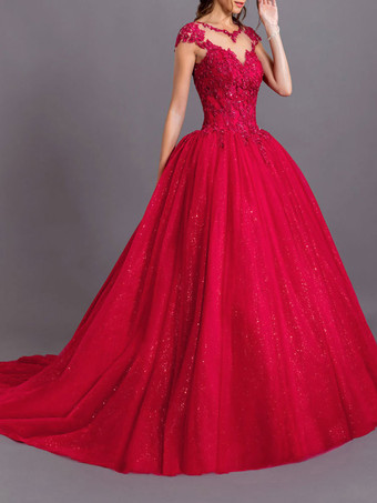 レッド トレーン付きの黒のウェディングドレス Vネック ノースリーブ バックレス ポリエステル レース チュール Aライン