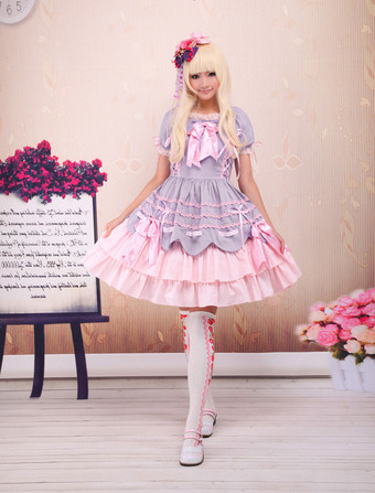 Lolitashow Sweet Purple Pink Lolita OP Dress Short Sleeves Layers Bows and Trim