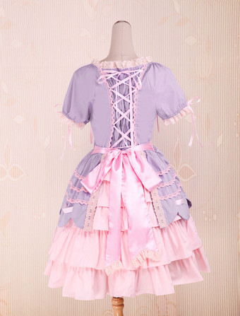 甘いパープルピンクロリータOPドレス　2025　ショートスリーブ　レイヤー　リボン　トリム　アイドル衣装