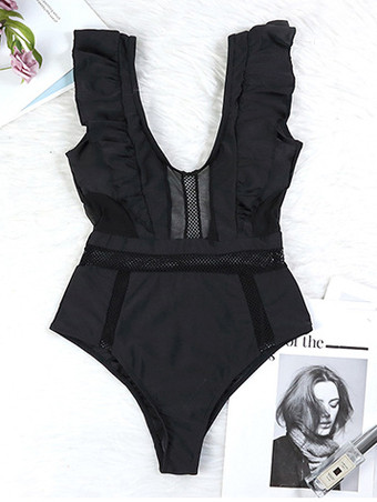 女性のためのワンピース水着ブラックフリルVネックストレッチサマービーチ水着