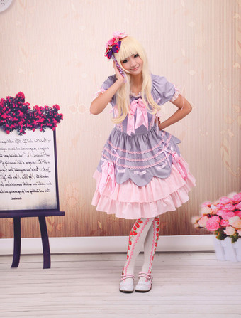 甘いパープルピンクロリータOPドレス　2025　ショートスリーブ　レイヤー　リボン　トリム　アイドル衣装