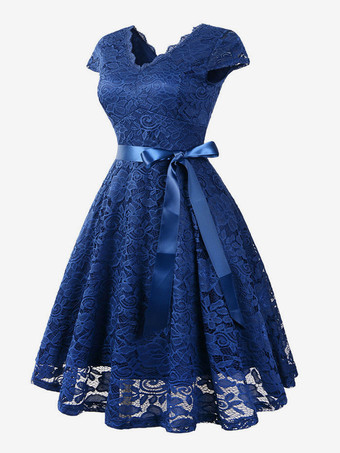 ダークネイビーレトロ ヴィンテージ 結婚式ドレス 1950年代　Vネック　キャップスリーブ　二次会　お呼ばれ　発表会　レースワンピース　フォーマル パーティードレス