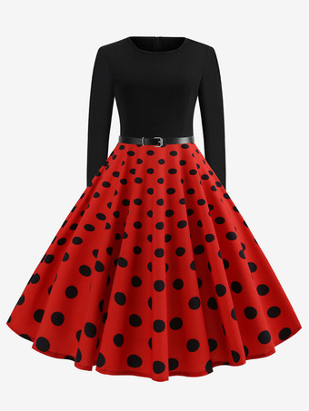 Red Polka Dot Vintage Dress 1950S Long Sleeves Round Neck Rockabilly Dresses Swing Retro Dress