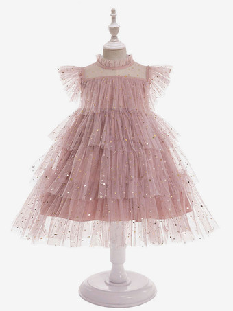 Kids Dress Ruffles Sleeveless Glitter Summer Pink Flower Girl Dress