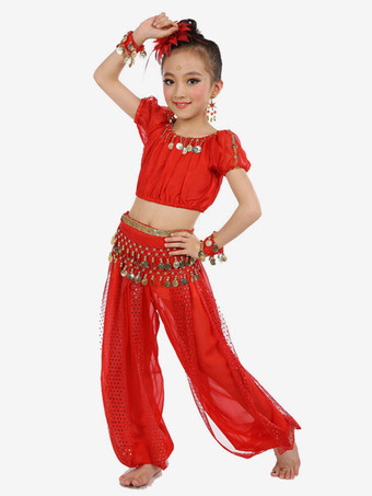 ダンス 衣装 ロイヤルブルー ベリーダンス衣装 キッズ用 社交ダンス衣装 グローブ 髪飾り ウエストチェーン トップス パンツ 女の子用 シック＆モダン マルチカラー 調整可能 シフォン