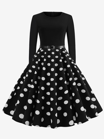 ブラック ドット レトロワンピース 長袖 全3色 バイカラー 結婚式 50年代 ラウンドネック パーティー スイングドレス 結婚式 卒業式
