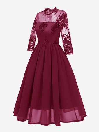 1950年代オードリー・ヘップバーン風　レトロワンピース　七分袖　ロカビリードレス　二次会　お呼ばれ　発表会　レトロワンピース