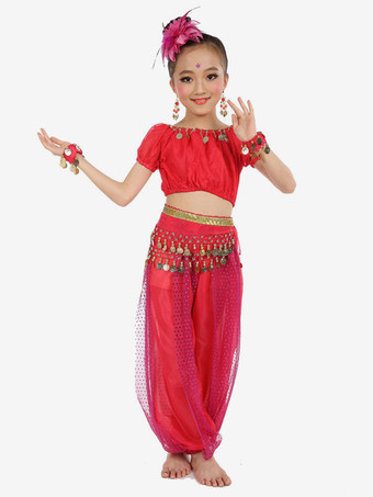 ダンス 衣装 ロイヤルブルー ベリーダンス衣装 キッズ用 社交ダンス衣装 グローブ 髪飾り ウエストチェーン トップス パンツ 女の子用 シック＆モダン マルチカラー 調整可能 シフォン