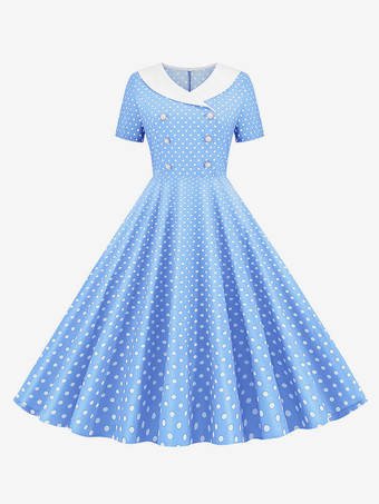 ライトスカイブルーヴィンテージドレス　1950年代オードリー・ヘップバーン風　Vネック　半袖　膝丈　水玉　二次会　お呼ばれ　発表会　スウィングワンピース