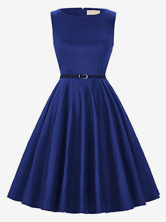 ダークネイビーブラック ヴィンテージ グラマー ドレス 1950 年代 レディース ノースリーブ ジュエルネック ロカビリー ドレス