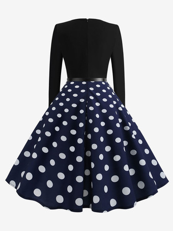 ドット レトロワンピース 長袖 全3色 バイカラー 結婚式 50年代 ラウンドネック パーティー スイングドレス 結婚式 卒業式