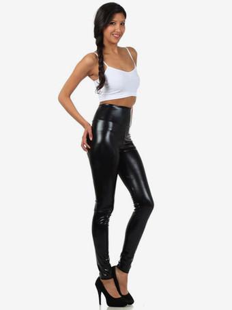 Fashion (Black)Women Metallic Faux Leather Shiny Leggings Ladies