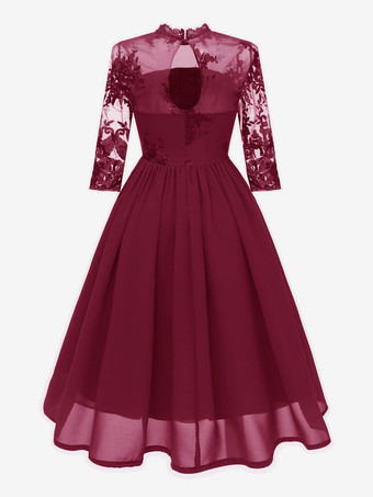 1950年代オードリー・ヘップバーン風　レトロワンピース　七分袖　ロカビリードレス　二次会　お呼ばれ　発表会　レトロワンピース