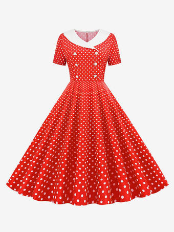 Vintage Dress 1950s Audrey Hepburn Style V-Neck Short Sleeves Knee Length Polka Dot Swing Dress