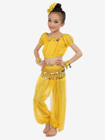 ダンス 衣装 ロイヤルブルー ベリーダンス衣装 キッズ用 社交ダンス衣装 グローブ 髪飾り ウエストチェーン トップス パンツ 女の子用 シック＆モダン マルチカラー 調整可能 シフォン