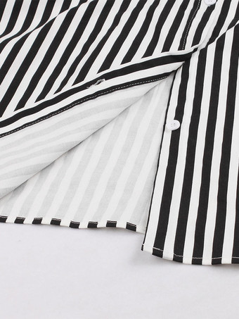 ストライプ　レトロワンピース　蝶ネクタイ　半袖　ヴィンテージ　シャツドレス　1950年代女性　ボタン　アップドレス