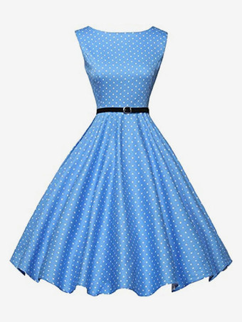 ライトスカイブルーブラック ヴィンテージ グラマー ドレス 1950 年代 レディース ノースリーブ ジュエルネック ロカビリー ドレス