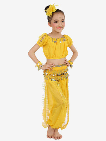 イエローダンス 衣装 ロイヤルブルー ベリーダンス衣装 キッズ用 社交ダンス衣装 グローブ 髪飾り ウエストチェーン トップス パンツ 女の子用 シック＆モダン マルチカラー 調整可能 シフォン