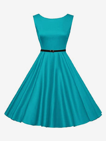 アクアグリーンブラック ヴィンテージ グラマー ドレス 1950 年代 レディース ノースリーブ ジュエルネック ロカビリー ドレス