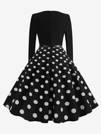ドット レトロワンピース 長袖 全3色 バイカラー 結婚式 50年代 ラウンドネック パーティー スイングドレス 結婚式 卒業式