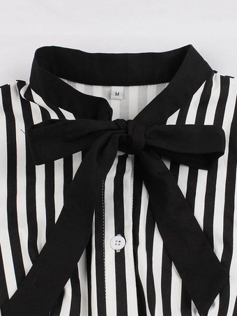 ストライプ　レトロワンピース　蝶ネクタイ　半袖　ヴィンテージ　シャツドレス　1950年代女性　ボタン　アップドレス