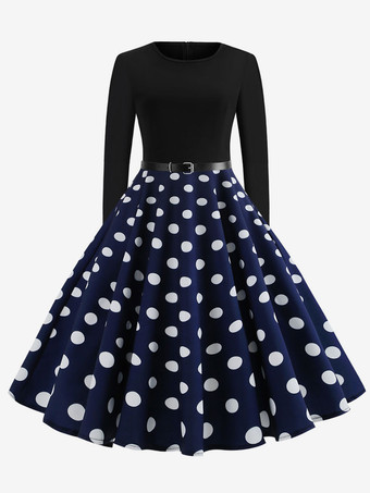 ブルー ドット レトロワンピース 長袖 全3色 バイカラー 結婚式 50年代 ラウンドネック パーティー スイングドレス 結婚式 卒業式