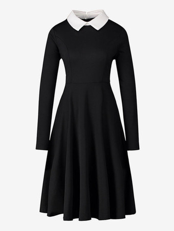 Women Vintage Dress 1950s Audrey Hepburn Style Turndown Collar Long Sleeves Rockabilly Dress