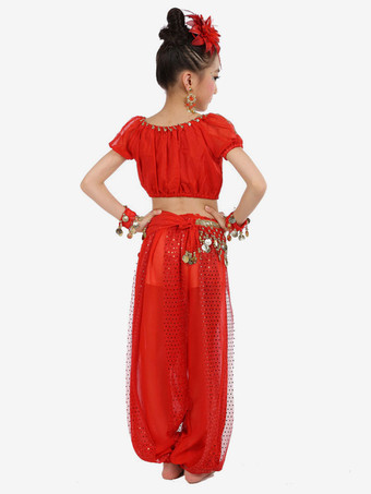 ダンス 衣装 ロイヤルブルー ベリーダンス衣装 キッズ用 社交ダンス衣装 グローブ 髪飾り ウエストチェーン トップス パンツ 女の子用 シック＆モダン マルチカラー 調整可能 シフォン