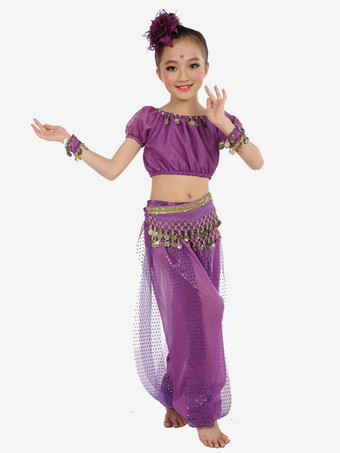 パープル ダンス 衣装 ロイヤルブルー ベリーダンス衣装 キッズ用 社交ダンス衣装 グローブ 髪飾り ウエストチェーン トップス パンツ 女の子用 シック＆モダン マルチカラー 調整可能 シフォン