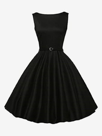 黒のヴィンテージドレス1950年代の女性のノースリーブジュエルネックロカビリードレス