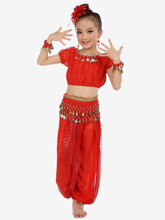 レッドダンス 衣装 ロイヤルブルー ベリーダンス衣装 キッズ用 社交ダンス衣装 グローブ 髪飾り ウエストチェーン トップス パンツ 女の子用 シック＆モダン マルチカラー 調整可能 シフォン