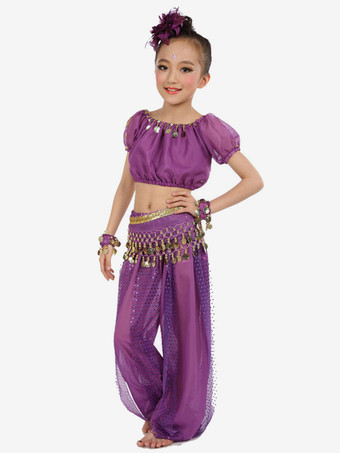 ダンス 衣装 ロイヤルブルー ベリーダンス衣装 キッズ用 社交ダンス衣装 グローブ 髪飾り ウエストチェーン トップス パンツ 女の子用 シック＆モダン マルチカラー 調整可能 シフォン
