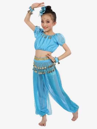ライトスカイブルーダンス 衣装 ロイヤルブルー ベリーダンス衣装 キッズ用 社交ダンス衣装 グローブ 髪飾り ウエストチェーン トップス パンツ 女の子用 シック＆モダン マルチカラー 調整可能 シフォン