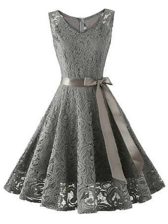 GrisVestido vintage de encaje Vestido corto con vuelo sin mangas con cuello joya de los años 50