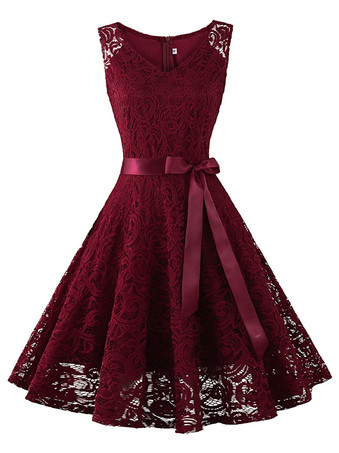 Color borgoñaVestido vintage de encaje Vestido corto con vuelo sin mangas con cuello joya de los años 50