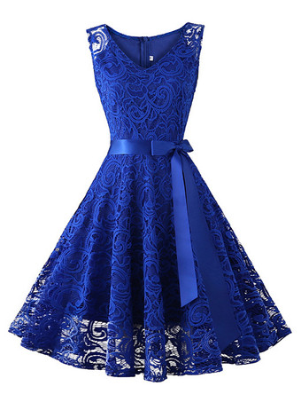 azul Vestido vintage de encaje Vestido corto con vuelo sin mangas con cuello joya de los años 50