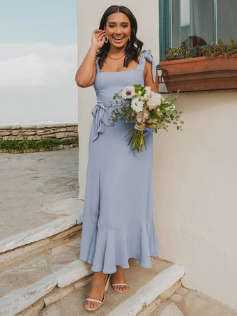 ブルー ミディドレス スクエアカラー スリット ベルト付き ブライドメイド 誕生日パーティー プロムドレス